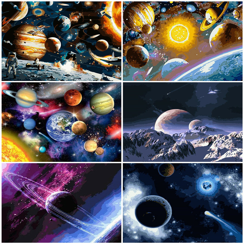 Pintura al óleo AZQSD por número, imagen DIY de arte de pared de planeta para la sala de estar, decoración del hogar, colorear por números, paisaje, único