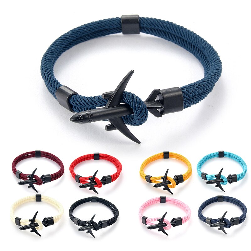 Avion hommes Bracelet corde chaîne noir Bracelet à breloques femmes mâle survie Aviation Style enveloppement en alliage de métal Sport crochet bijoux