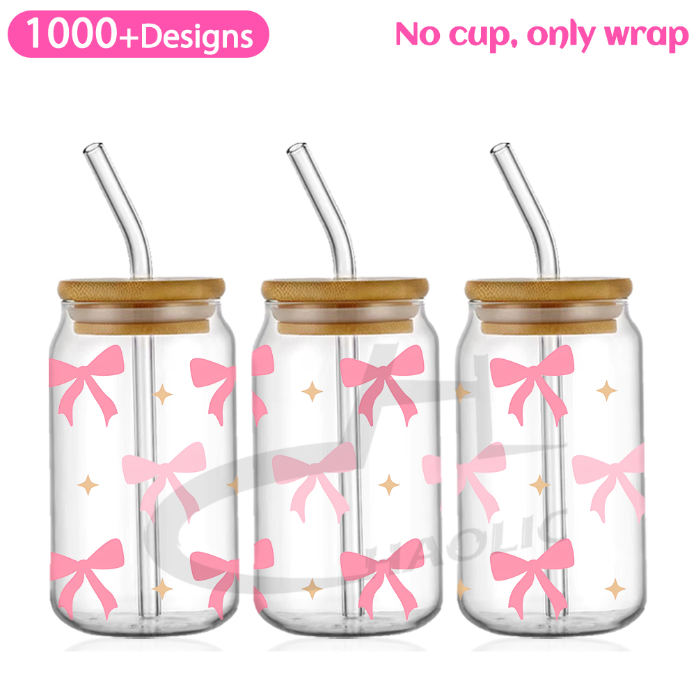Roze zwierige strikken UV DTF Cup Wrap voor 16oz Libbey bierglas kan mooie liefde linten schattig girly Cup Wrap UV DTF sticker: Paars