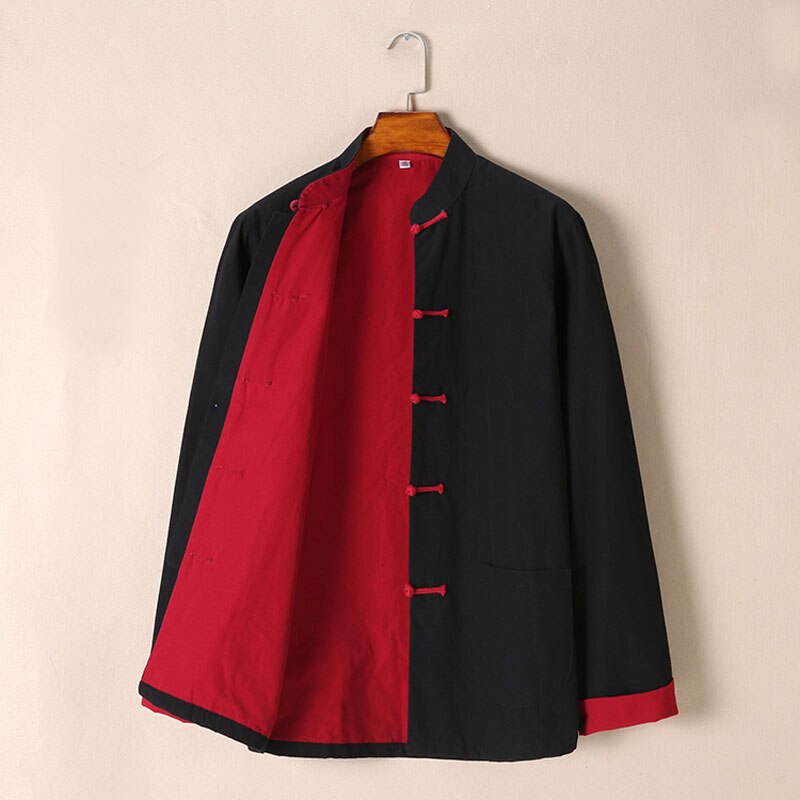 Umorden Pure Cotton Two Layer Traditional Chinese Outfit Tang Suit Long Sleeve Hanfu Top Kung Fu Coat Jacket Uniform for Men: Black with Red / M(165)