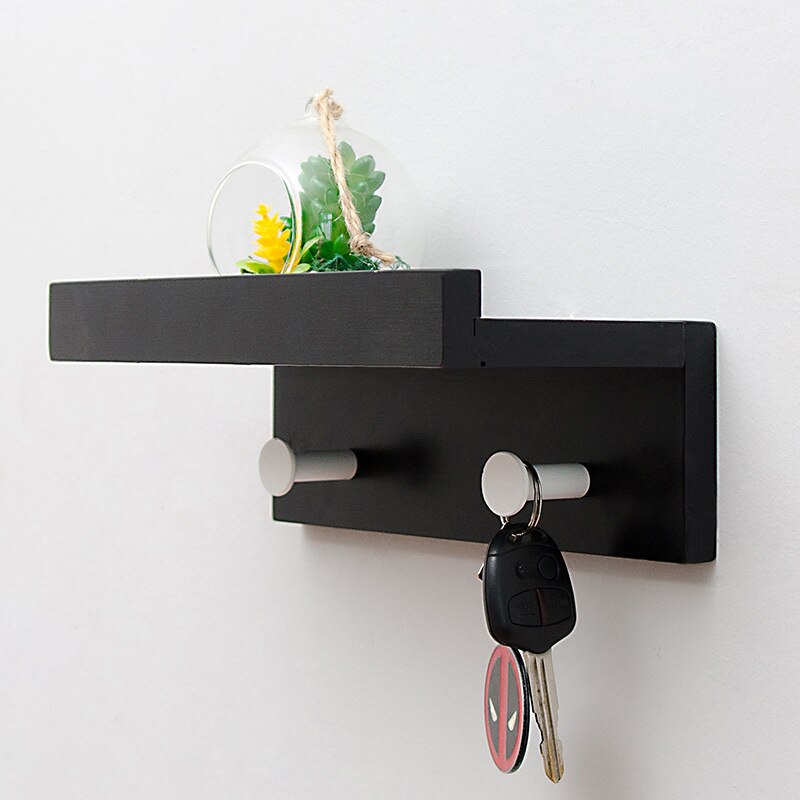 Estante de madera para pared, tablero de partición de hierro para dormitorio, estante de almacenamiento colgante montado en la pared, gancho para decoración del hogar, sala de estar: Black2