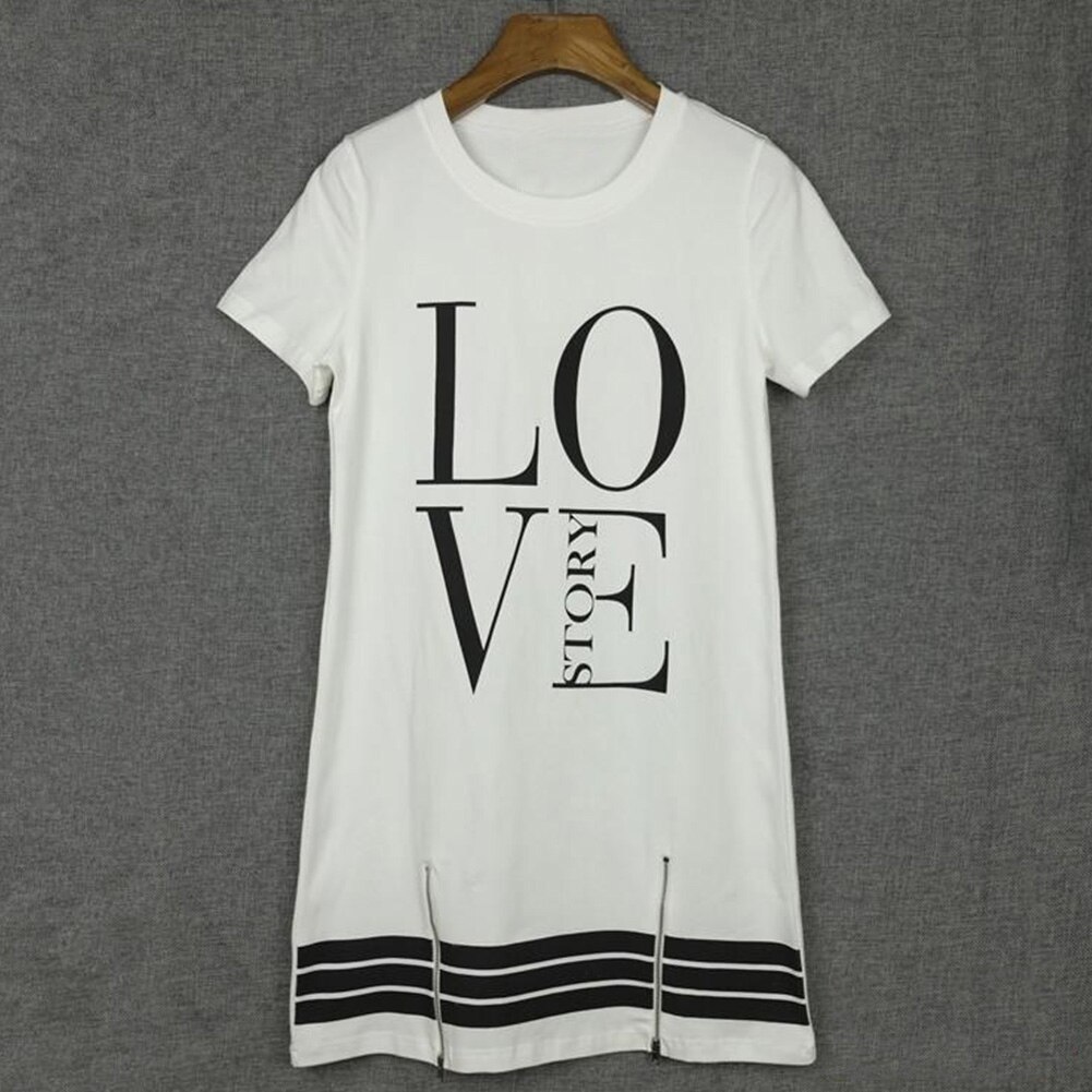 Vrouwen Lange T-shirt Een Stuk Casual Dress Sport Rits Brief Liefde Gedrukt: WHITE / M