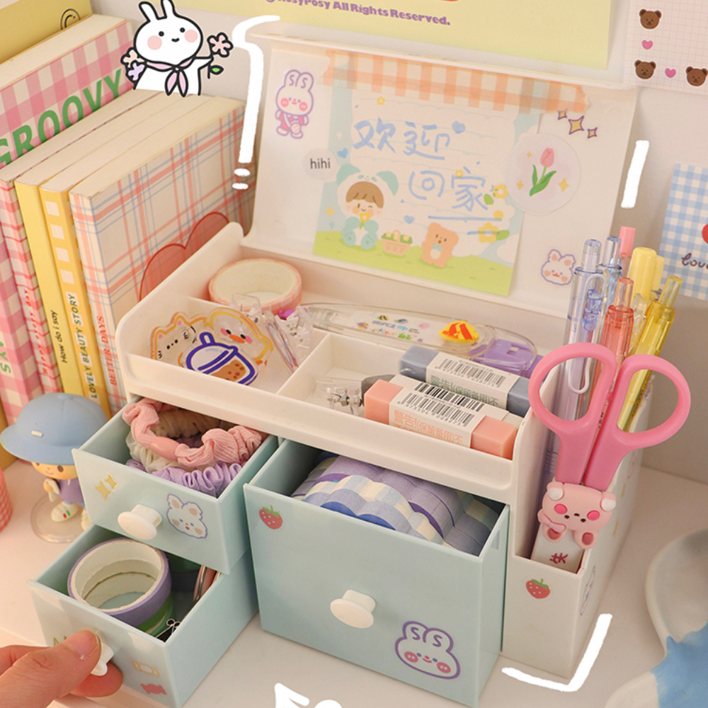 Caja de almacenamiento Kawaii para escritorio, cajón de plástico para bolígrafos, organizador de cosméticos para estudiantes, contenedor para el hogar, de pegatinas