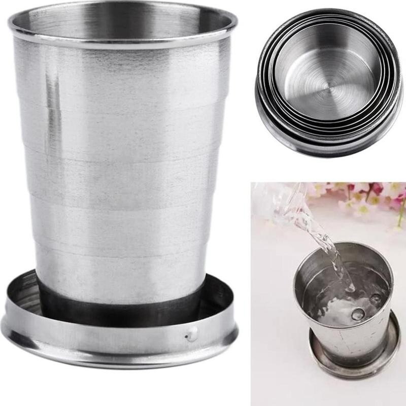 Stainless Steel Cup Outdoor Camping Travel Folding Demountable Cup Collapsible Metal Cup Keychain 75ml/150ml/250ml Wine Wit A5B9