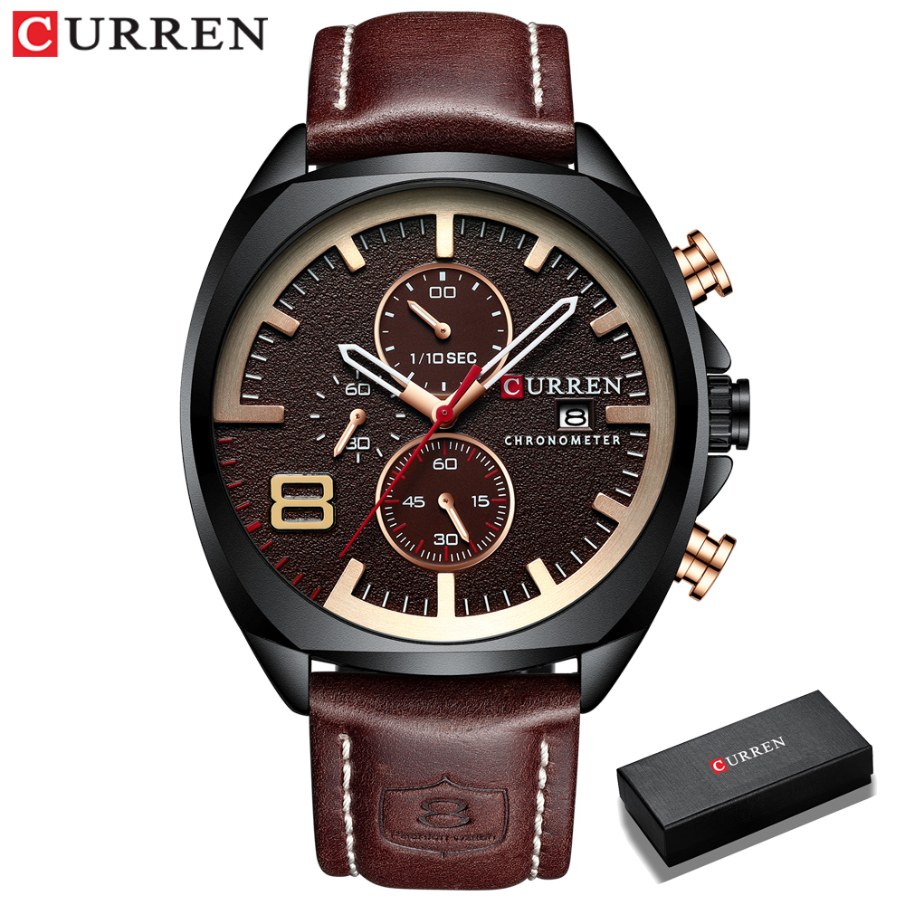 Curren Mannen Kijken Topmerk Luxe Chronograaf Horloges Lederen Waterdichte Sport Kalender Horloge Relogio Masculino: black brown box