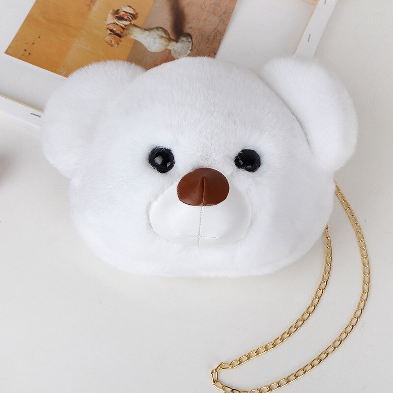 Women Plush Hairy Bag Female Cute Chain Shoulder Messenger Bag Girl Doll Cat Bear Head Bag: 07