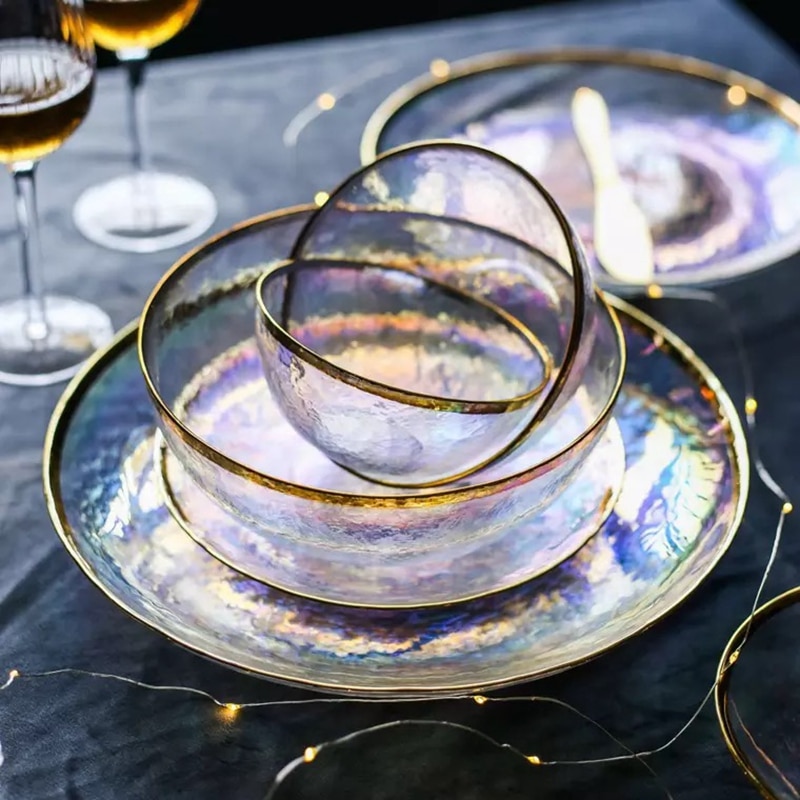 Assiette de luxe en verre arc-en-ciel, vaisselle, service de table, bol à salade, bols à fruits, stockage des aliments, vaisselle de cuisine, fête de mariage