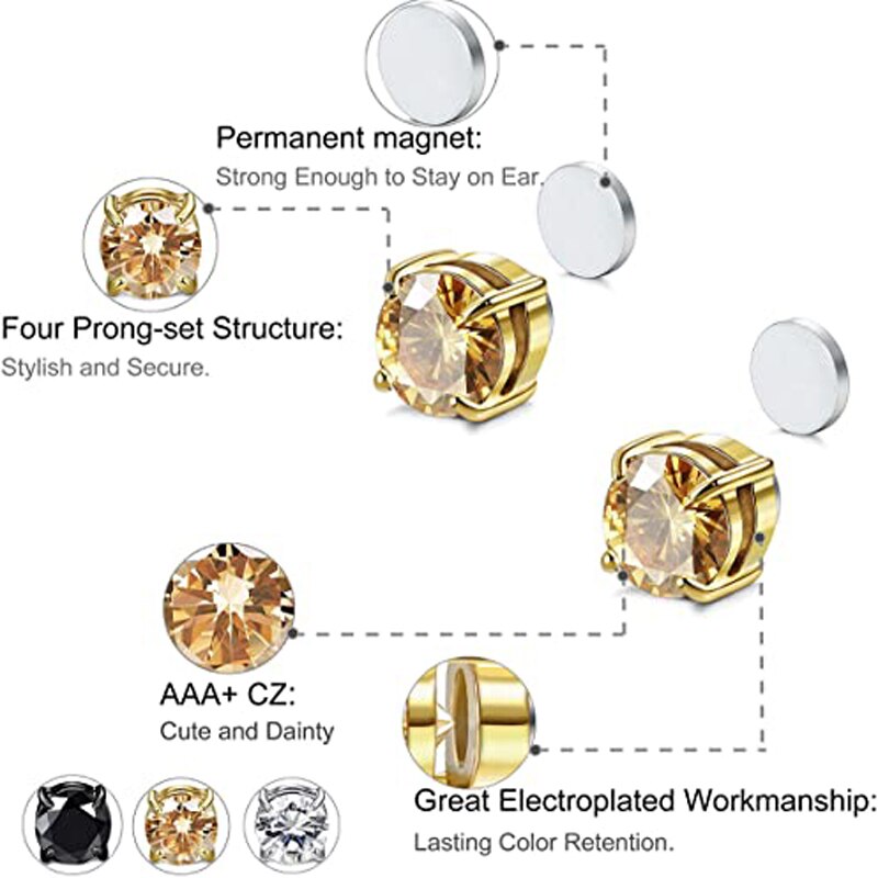 6 Pairs of Stainless Steel Magnetic Stud Earrings Male Female Zircon Magnet Non-perforated Clip Earrings Set Black Steel Gold