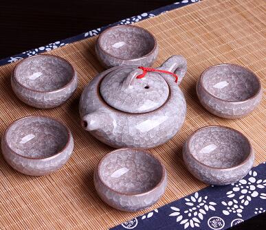 Chinese Kungfu Tea Sets Ice break Porcelain Tea Pot Tea Cups (7pcs) Tea Service Set: Gray Purple