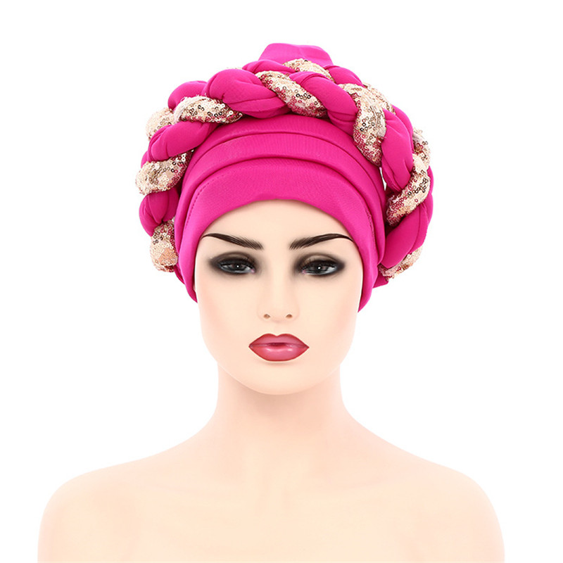 Gorro turbante trenzado de lentejuelas para mujer, tocado africano autogele: Luz de jengibre