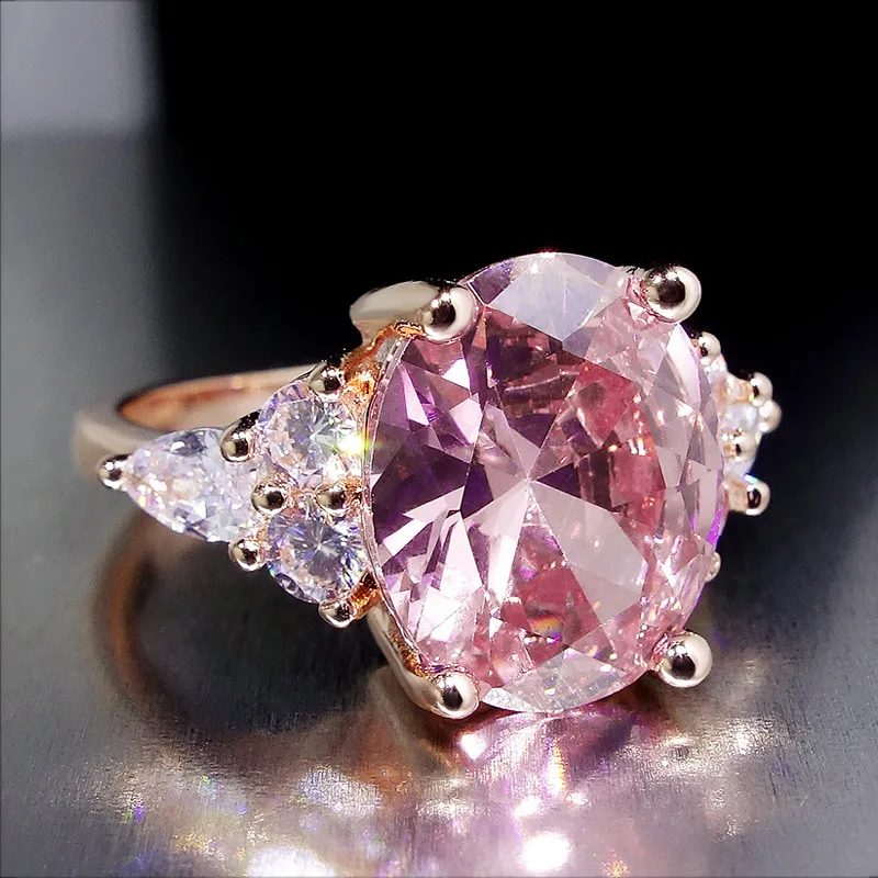 Anillo de circón rosa de piedra ovalada grande, anillos de compromiso de cristal de lujo para mujer, joyería de boda de Color plata y oro rosa Vintage