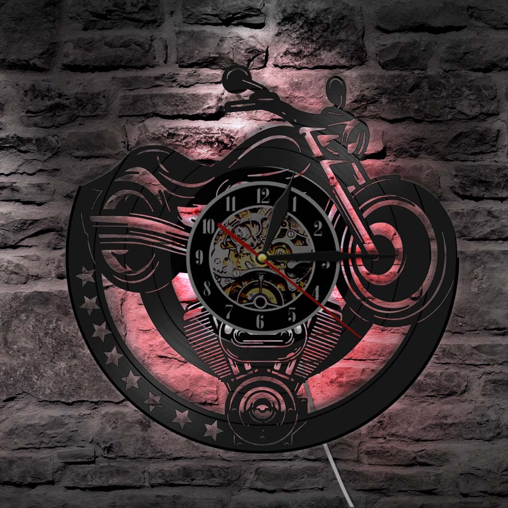 Motorfiets Vinyl Record Wandklok Garage Unieke Art Vintage Horloge Uurwerk Man Cave Workshop Decor Motorrijders