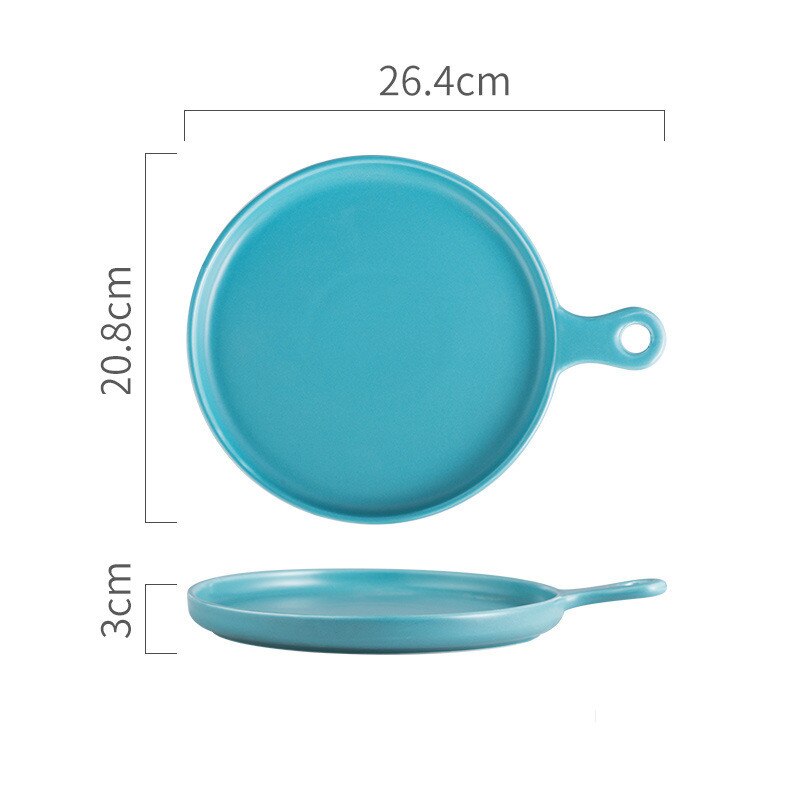 Plato nórdico redondo de cerámica sólida, plato de cena de porcelana con mango resistente al calor, bandeja para carne, Pasta, aperitivos y pasteles, 10 pulgadas: Blue