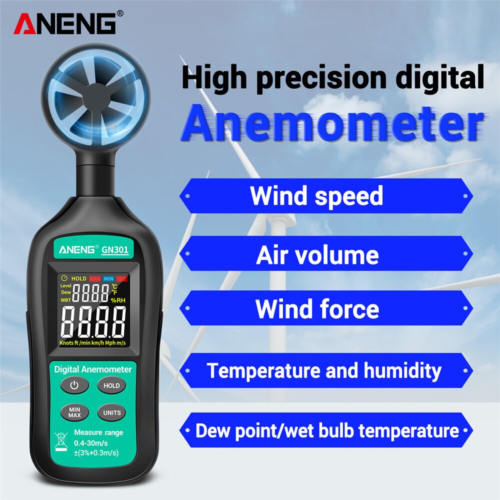 Aneng håndholdt digital vindmåler høypresisjon vindhastighet/temperaturmåler digital meteorograf med lcd-bakgrunnsbelysning