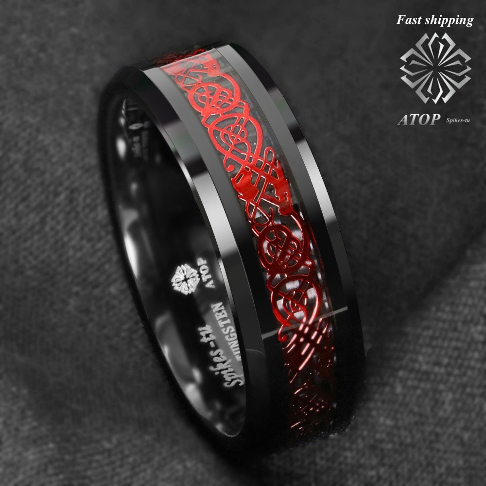 Anneau de tungstène noir 8mm anneau de fibre de carbone noir Dragon celtique rouge au sommet des bijoux