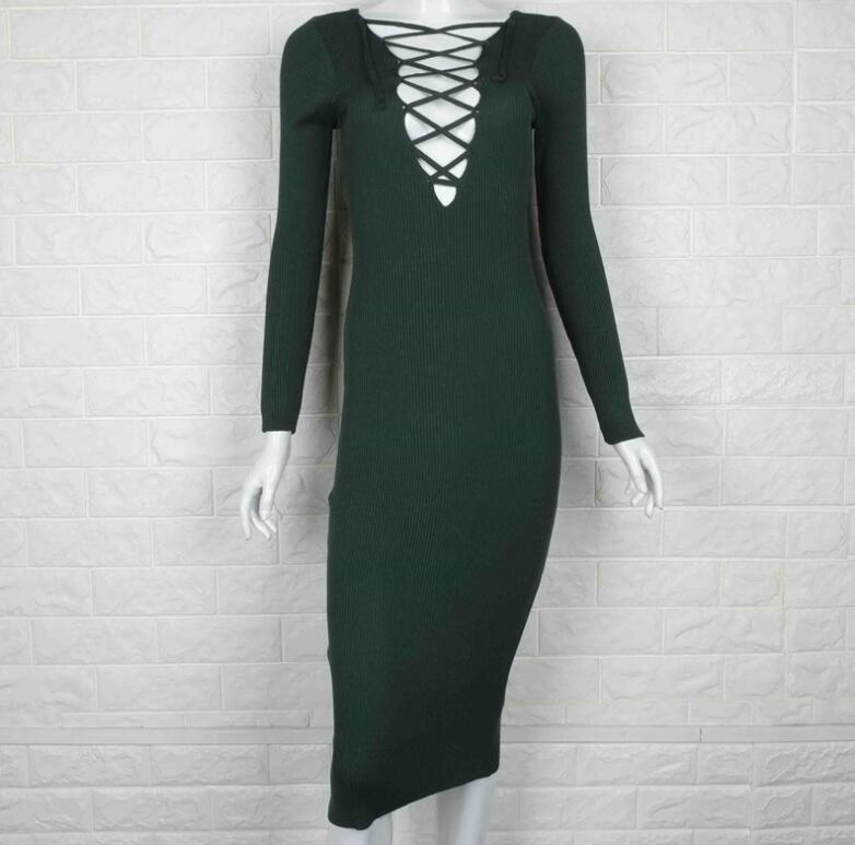 Vrouwen Herfst Winter Trui Gebreide Jurken Slim Elastische V-hals Bandage Lange Mouwen Lady Mid-Kalf Bodycon Robe Jurken vestidos: Army Green