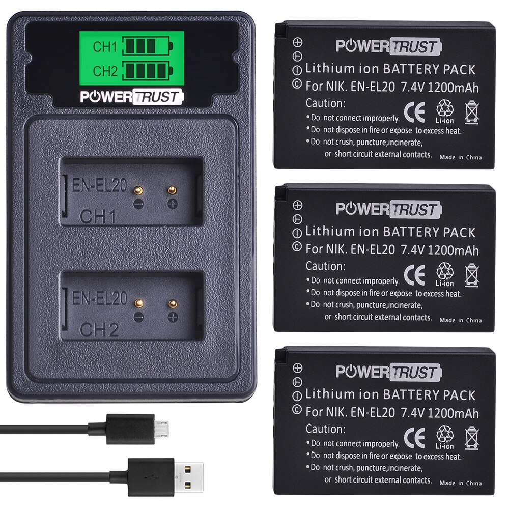 Nei -el20 en-el20a el20 en el20 batteri + lcd usb dobbel lader med type c-havn til nikon coolpix  p1000 nikon 1 j1, j2, j3 nikon 1 aw1: 3b med lader