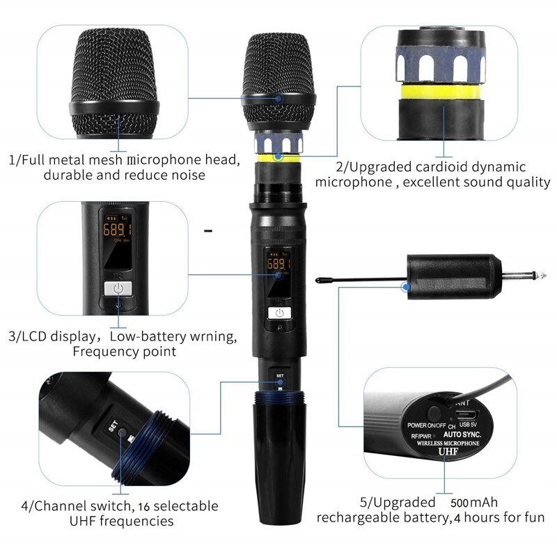 1 stk/sæt  ux2 uhf auto trådløst dynamisk mikrofonsystem med modtager til forstærker mixer højttaler desktop bus o