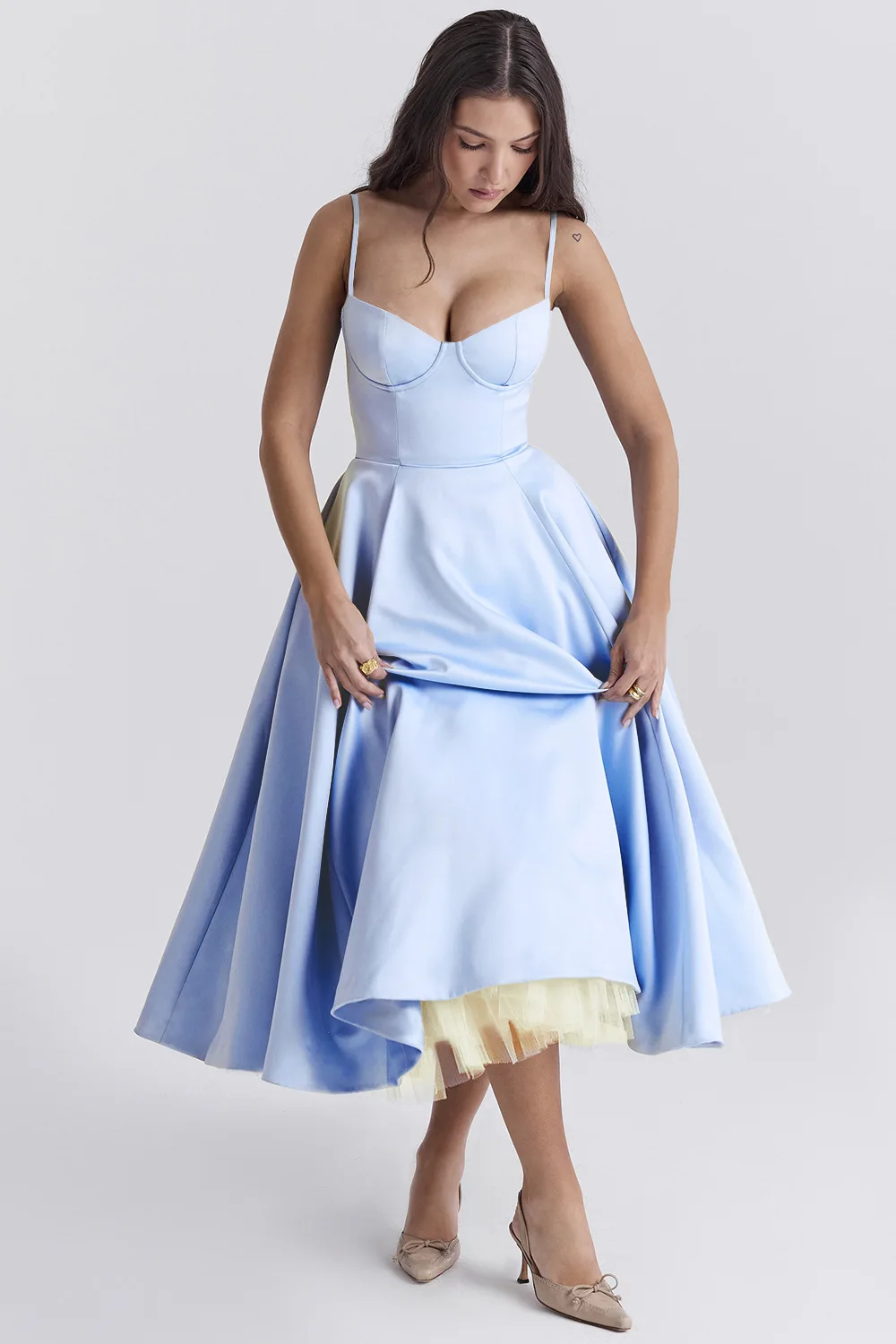 Women's A-Line Spaghetti Strap Mid-Calf Dress European And American Style Double-Layer Mesh Suspender Dress