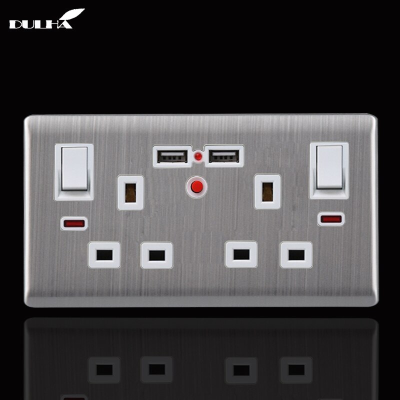 UK 13A Twin Double USB Charger Wall Switched Socket 2 Gang Electrical Power With 2 USB Ports Outlet Luxury Stainless Steel Panel