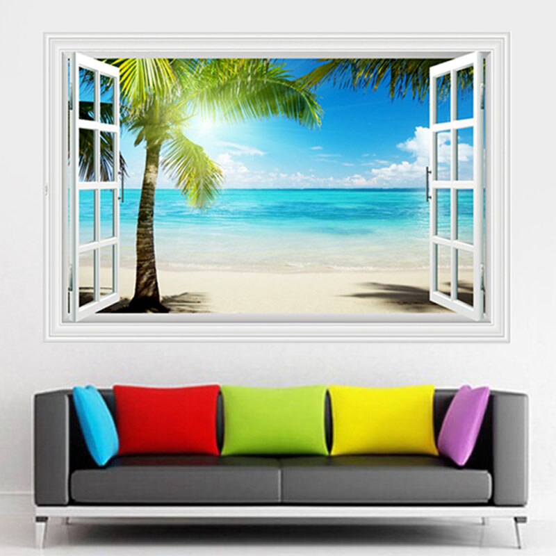 3D stickers Mediterranean blue false window scenery bedroom living room hotel decoration wall stickers