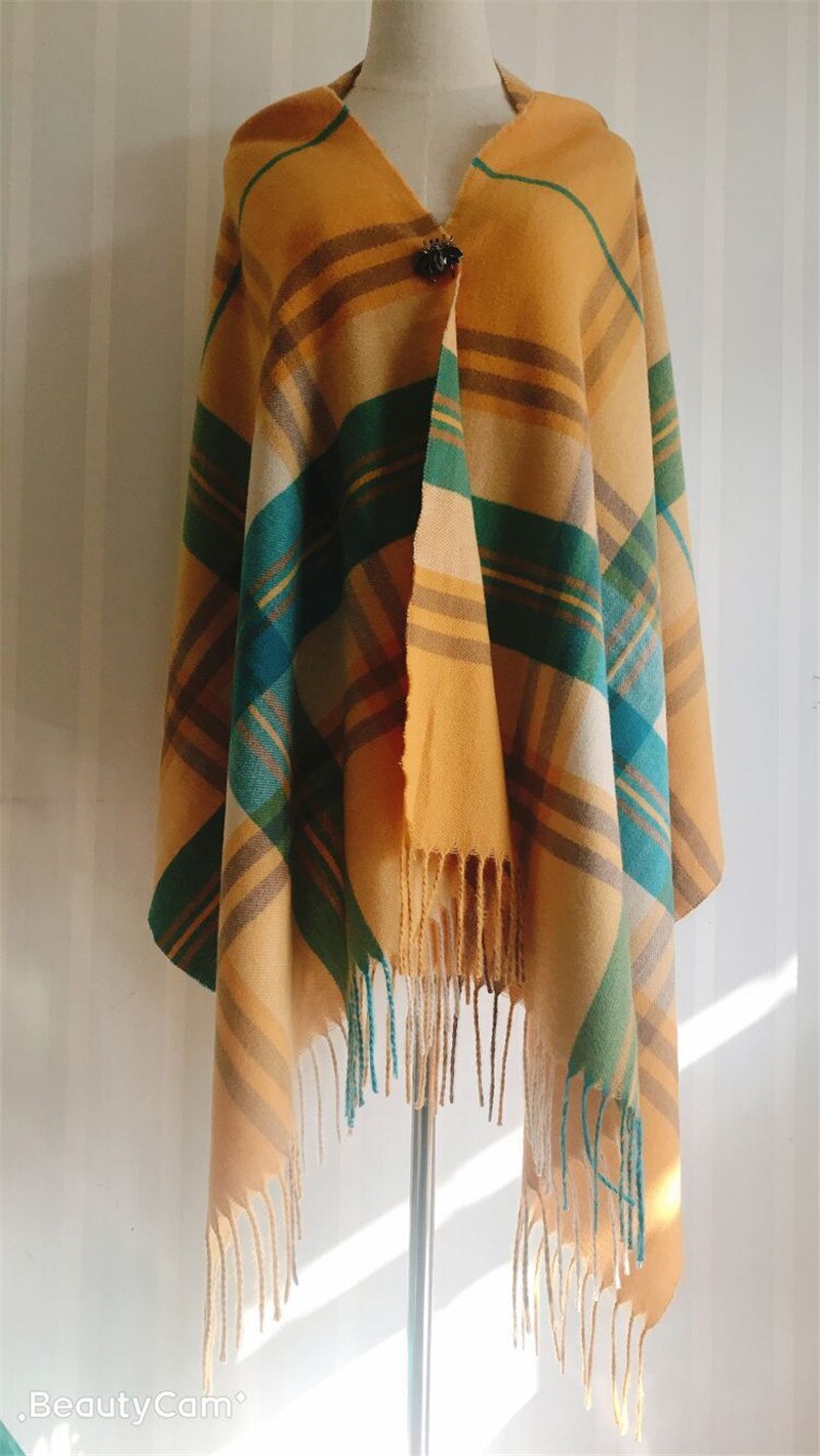 Direct Yellow Plaid Winter Scarf Shawl Women Wool Blends Poncho Wrap Female Tippet Stole Ladies Colorful Scarves Pashmina