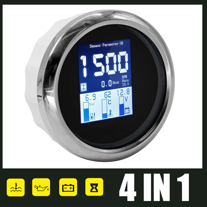 85mm Digital Tachometer Multi-functional 4 in 1 Gauge Water Temp Oil Pressure Gauge 0~10Bar With Alarm 9-32V For Outboard Engine