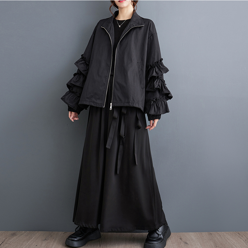 Übergroße schwarze Jahrgang geraffte Damen jacken Frühling Herbst lässig verlieren Jacke Mantel Strickjacke Kleidung Oberbekleidung 2024