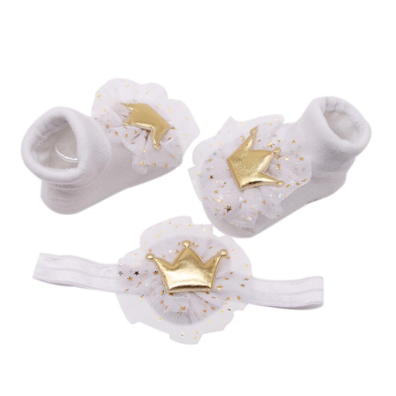 Newborn Soft Socks Baby Crown Highlight Flower Stretch HairBand+Non-slip Cotton Socks Two-piece Children Headband