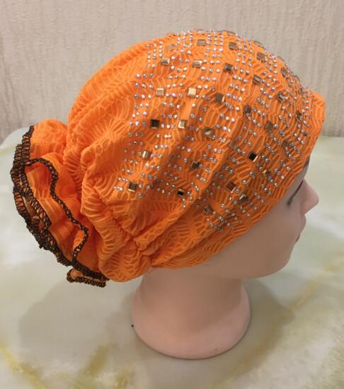 H021 chapeaux musulmans de avec strass, écharpe islamique avec fleur au dos, hijab: orange