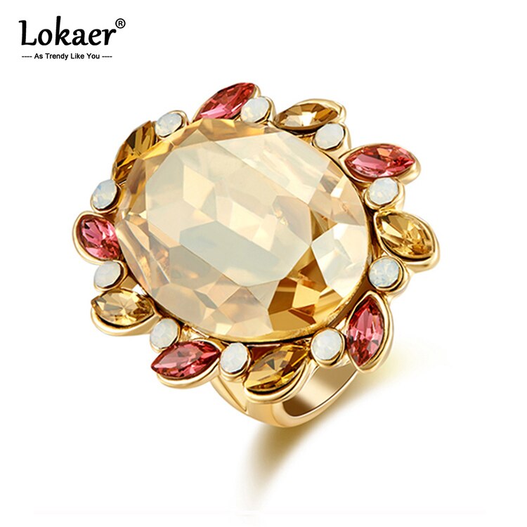 Lokaer hyperbole grande champanhe oval zircônia cúbica anéis rosa cor do ouro com cristal austríaco anéis de casamento jóias r15090