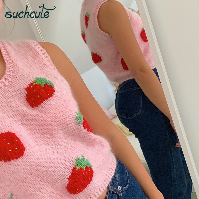 Such cute e girl tröja vest v neck argyle sleevelss strawberry stickad västar kvinnor y2k preppy stil crop top höst söt rosa