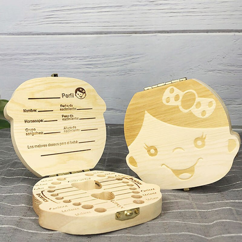 Baby Tand Doos Spaans/Engels/Nederlands/Russisch/Frans/Italiaans Houten Melk Tanden Organizer Opslag Jongens meisjes Baby Souvenirs