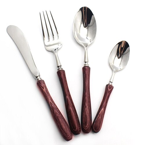 Top 4pc/ sæt træskaft bestik rustfrit stål western food bestik sæt gaffel ske smør kniv spisestel sæt: Redwoodenhandlemirro