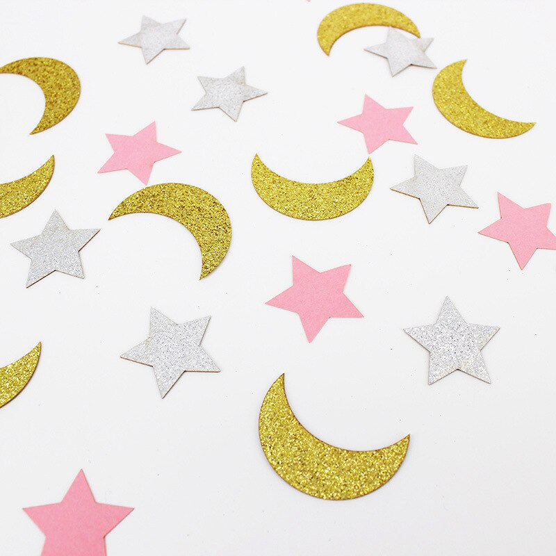 Confeti de papel con forma de luna y estrella para decoración de mesa, suministros de de cumpleaños y boda, con brillo, 100 piezas: gold silver pink