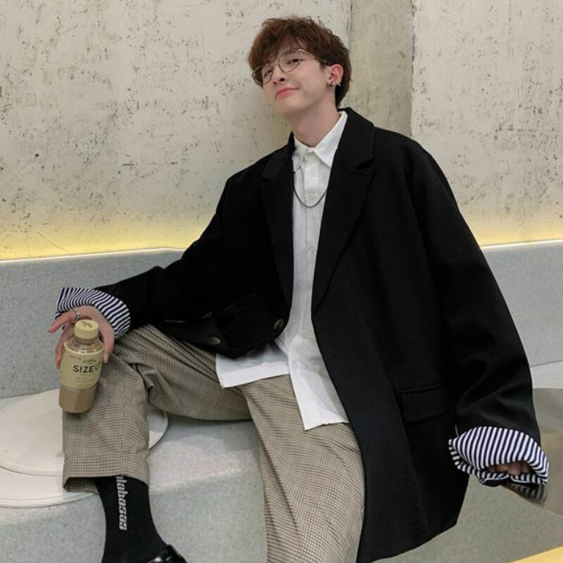 Chaquetas de los hombres de estilo británico lisas casuales Oversize Simple-Encuentro de traje-tops de masculina coreano Chic Vintage ropa de calle Harajuku