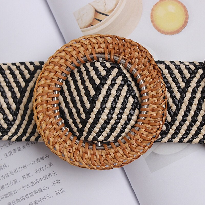 Vrouwen Gevlochten Riem Vrouwelijke Bohemian Gebreide Stro Ronde Vierkante Gesp Geweven Riem Voor Broek Dames Band Streep