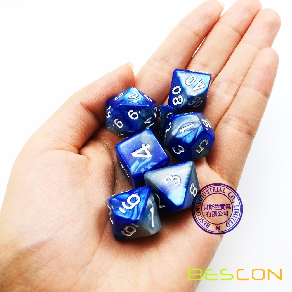 Bescon Gemini Polyhedral Dice Set Steelblue, Two-tone RPG Dice Set of 7 d4 d6 d8 d10 d12 d20 d% Brick Box Pack