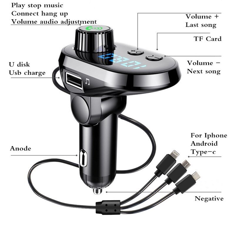 Reproductor MP3 con USB para coche, transmisor FM, Bluetooth, asistente de voz, compatible con disco U, tarjeta TF, extensión de llamada con manos libres