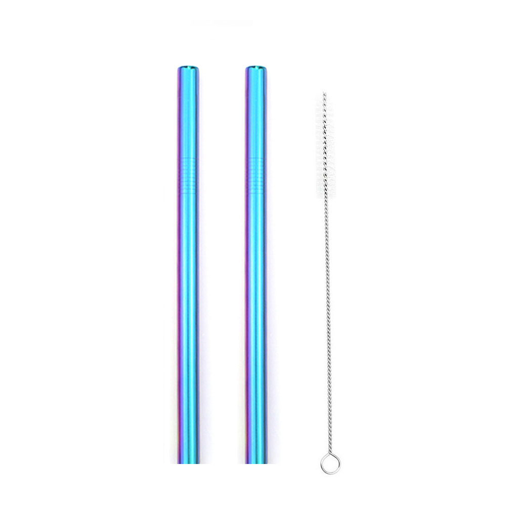 2 stücke Wiederverwendbare Breiten Metall Trinkhalme 12mm Gerade Getränke Stroh mit Reinigung Pinsel Trinken Perle Milchshake blasiert Tee stroh: Regenbogen eben