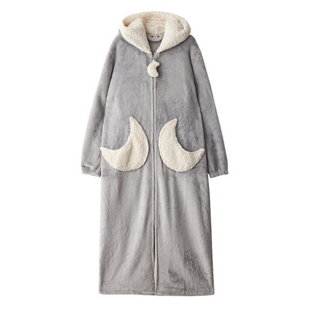 Peignoir en molleton pour femme, vêtement d'hiver, avec capuche épissée, fermeture éclair et poches: Dark Grey / M