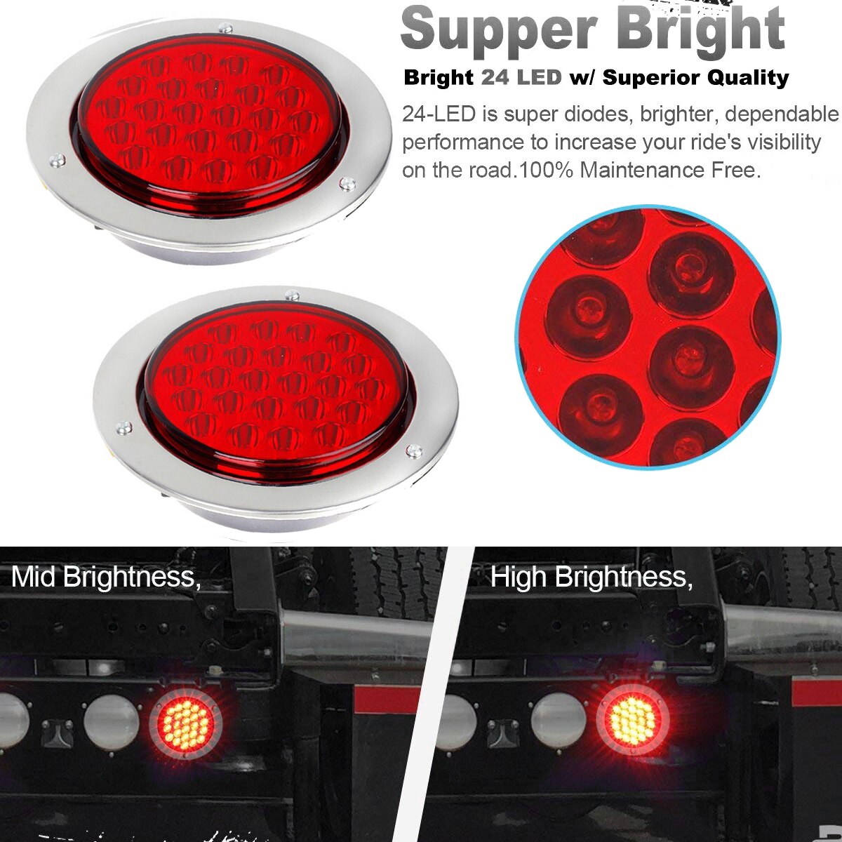 2pcs Waterproof 24LEDs Car Rear Tail Lights Stop Brake Light Round Tail Stop Turn Signal LED Lamp for Truck Trailer Vehicles