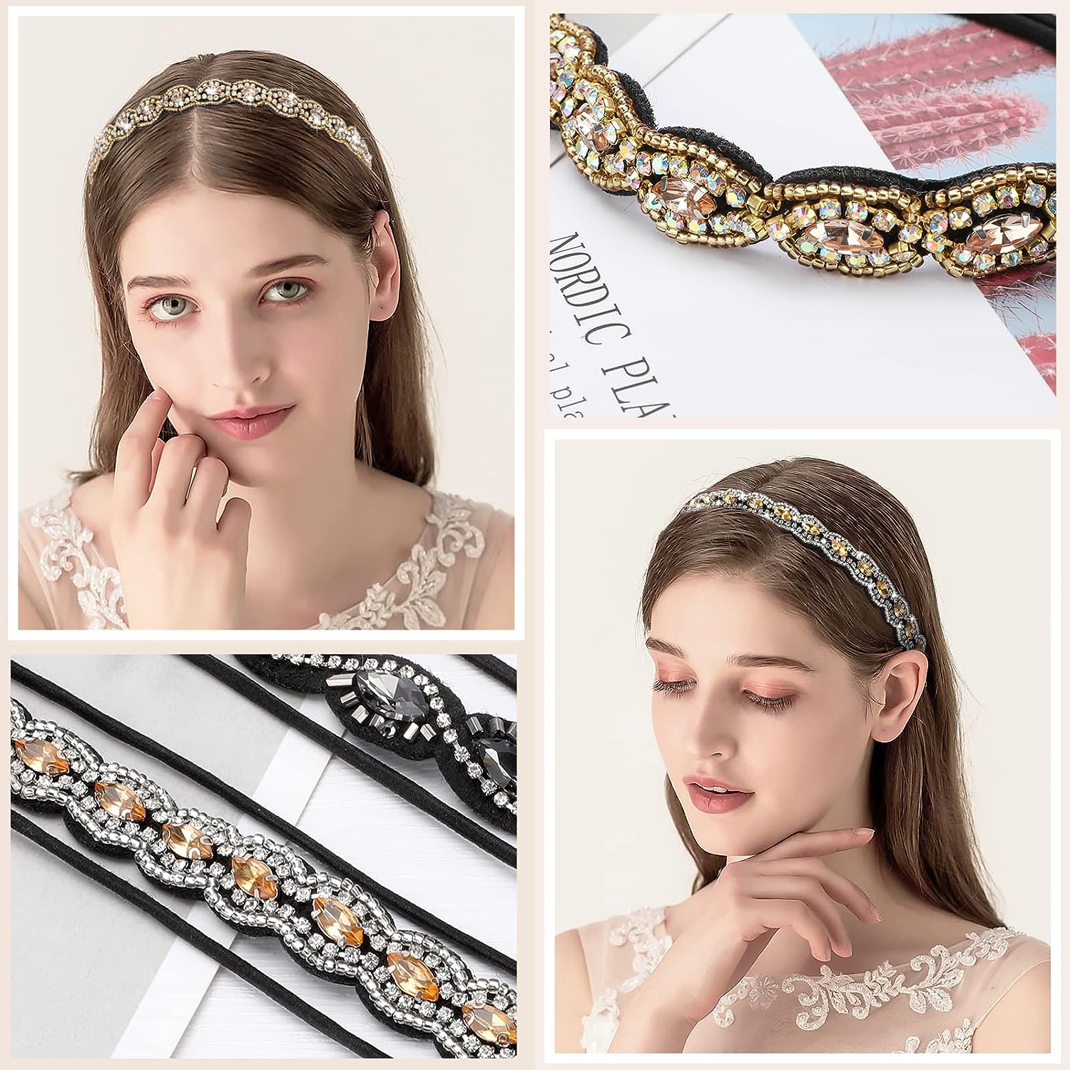 Diadema bohemia para el cabello, diademas elásticas, Tiara con cuentas turquesas Vintage y diademas elásticas con diamantes de imitación, tocados para mujer