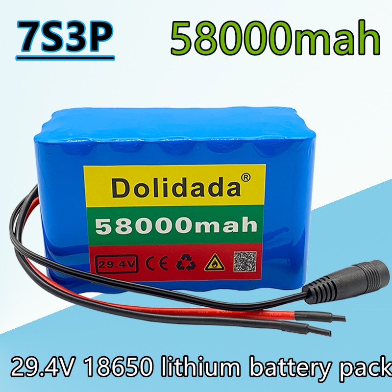 24V, 58ah, 7s3p, 18650, 24V, 58000 MAH, electric bicycle, moped, lithium ion battery pack + charger 2A