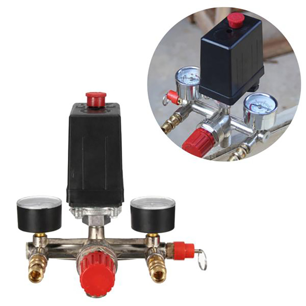 Dobbelt udløbsrør legering luftkompressor switch trykregulator ventil montering dele luftkompressor rør fire huller med måler