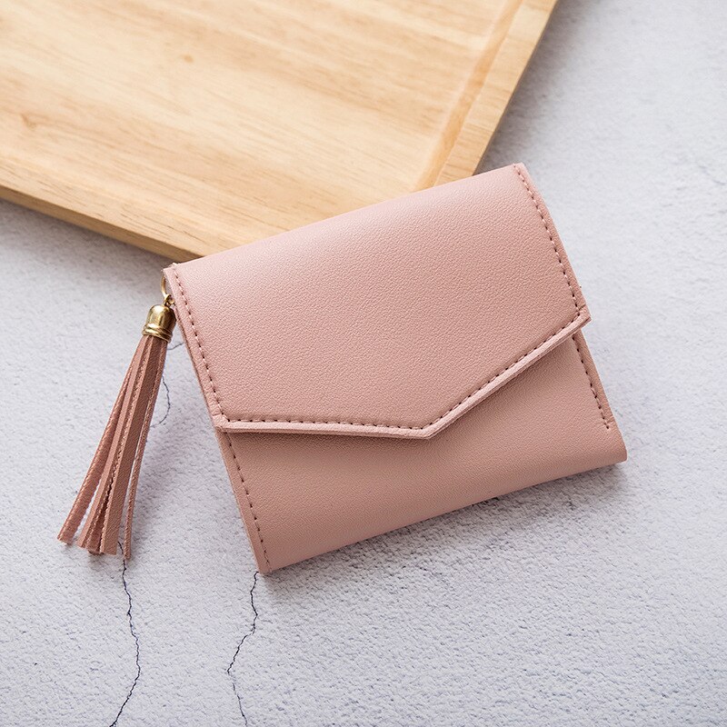 Women Tassel Love Heart Mini Wallets Black Pu Leather Coin Purse Simple All-match Student Card Holdeer Bag: Pink 2