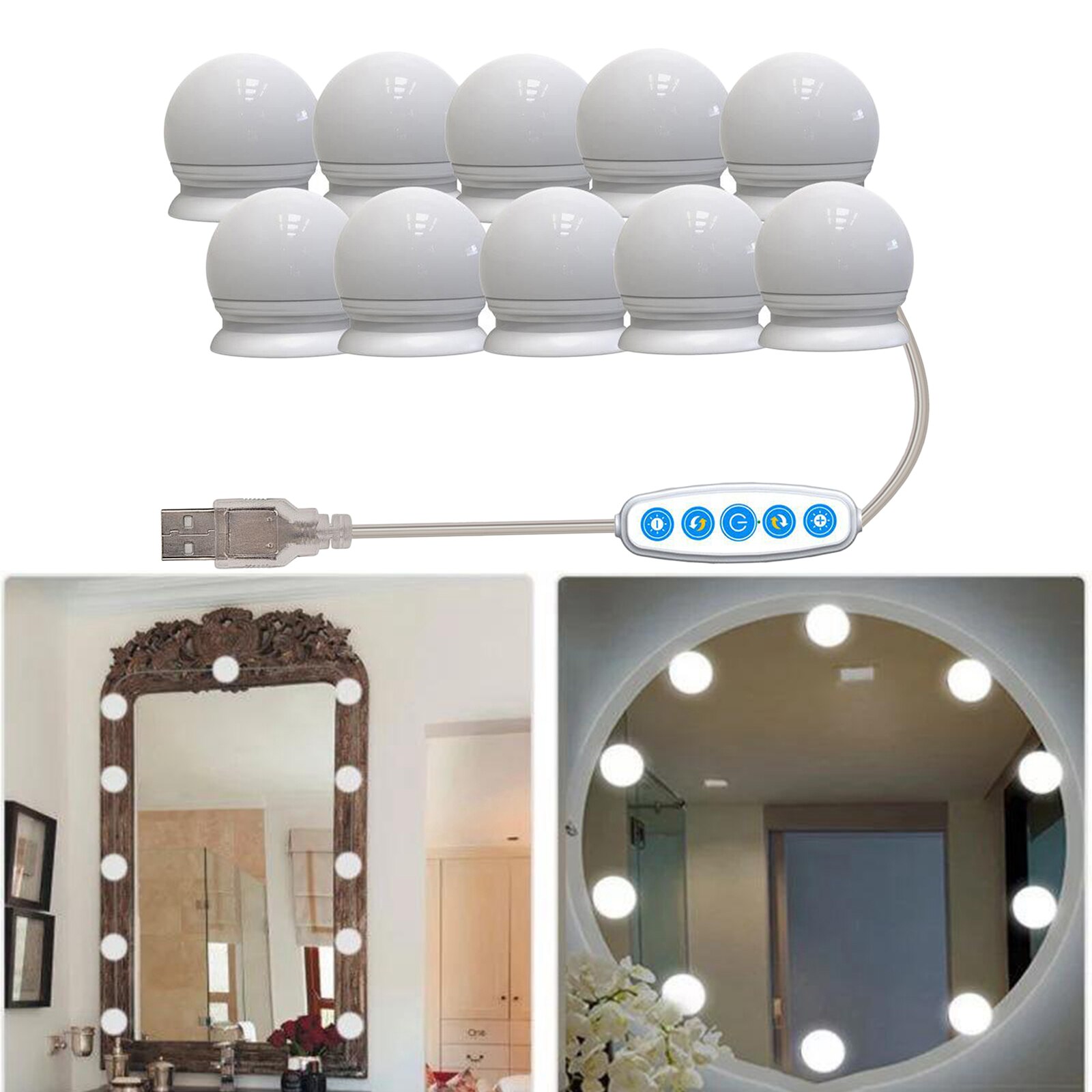 Juego de luces de LED para espejo de tocador Hollywood, 10 bombillas regulables para maquillaje
