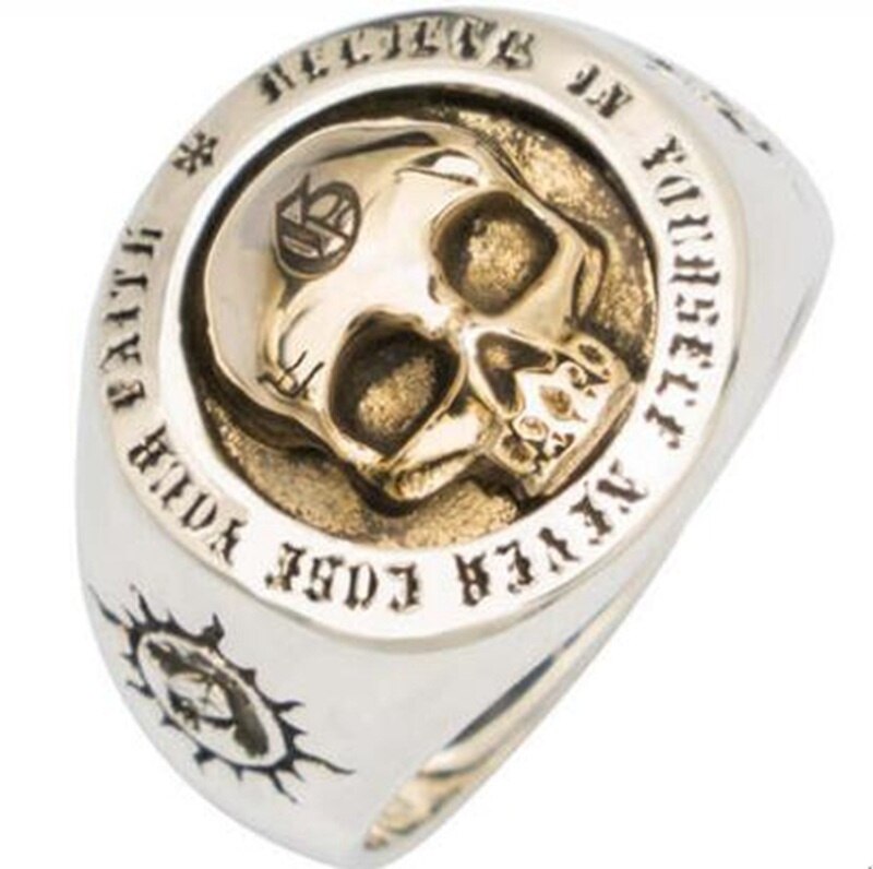 Men's 925 Sterling Silver 18K Gold Top Gold Color Biker Ring Unique Hip Hop Punk Viking Skull Jewelry