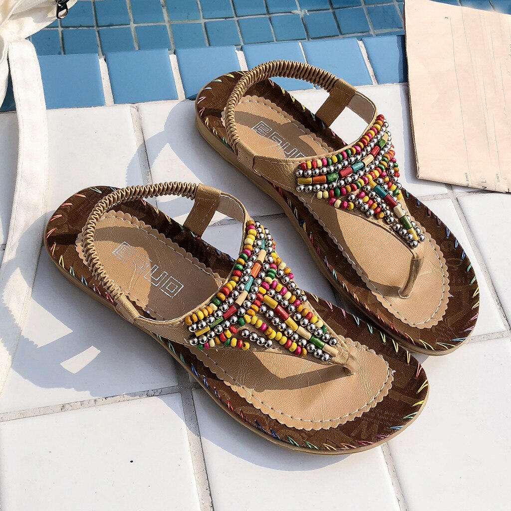 SAGACE Women Ladies String Bead Casual Beach Shoes Sandals Summer Shoes Beach Vintage Sandalias Mujer: KH / 38