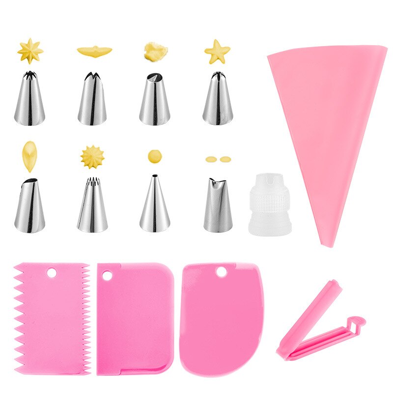 14Pcs Silicone Kitchen DIY Cake Decorating Tools Icing Piping Nozzles Cake Piping Tips Set Cream Pastry Bag With Cake Scraper: Pink